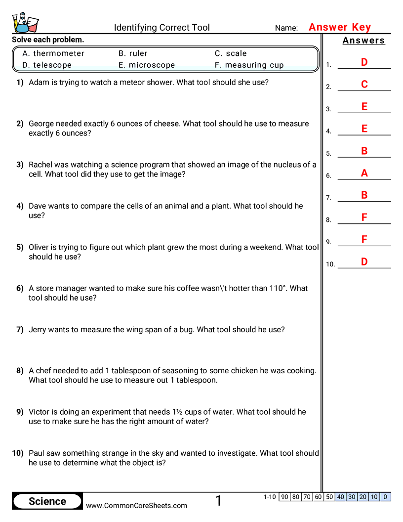 Science Tools Worksheets - Identifying Correct Tool worksheet