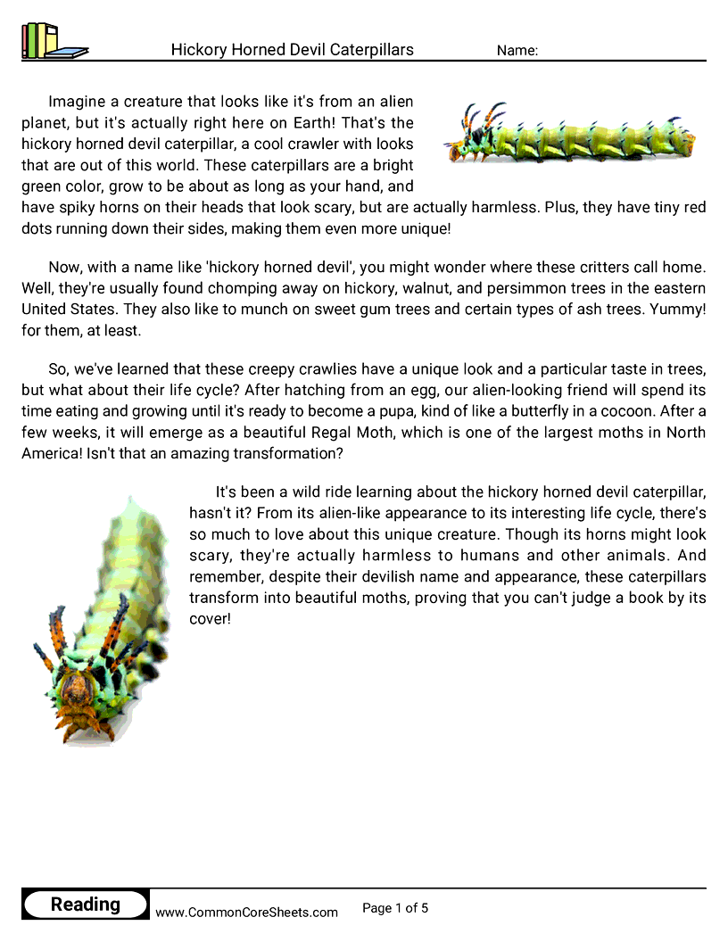 Reading Comprehension Insects Worksheets - hickory-horned-devil-caterpillars worksheet