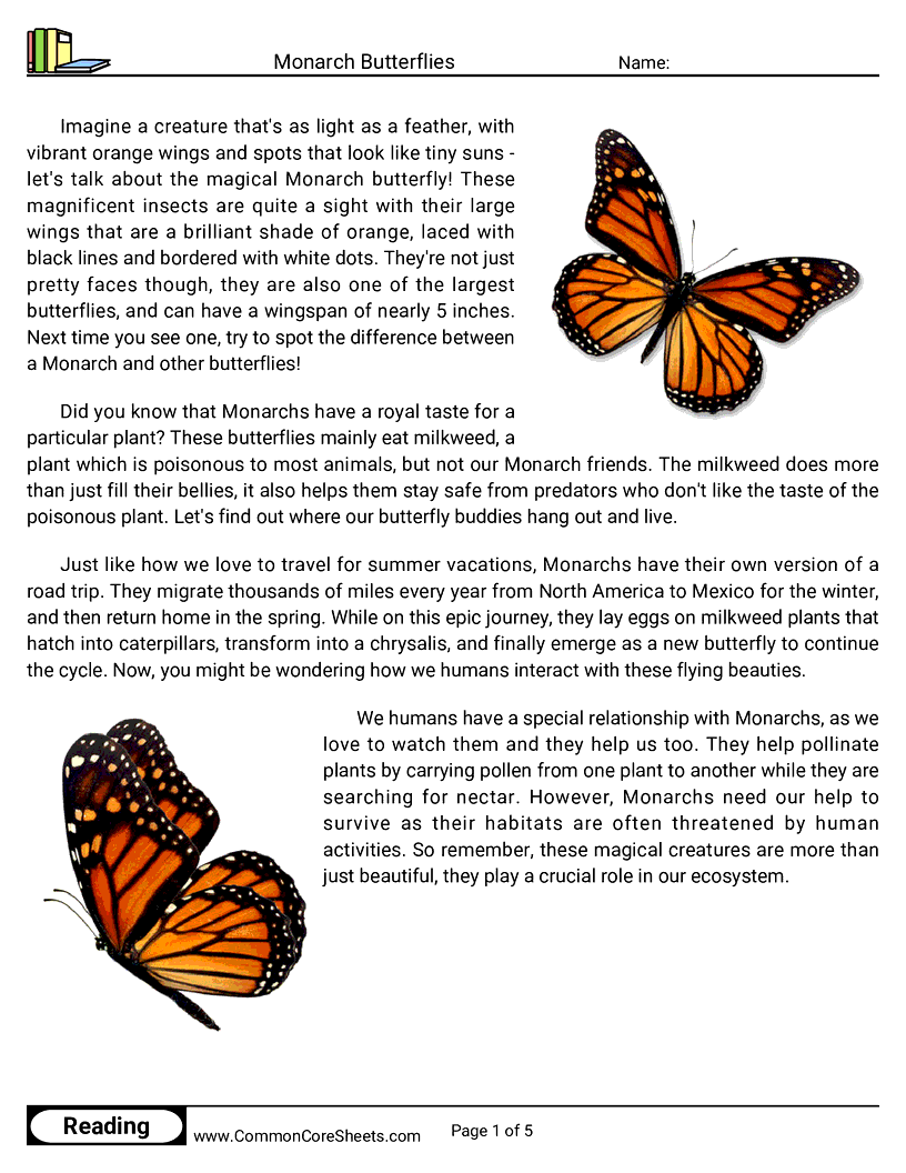 Reading Comprehension Insects Worksheets - monarch-butterflies worksheet