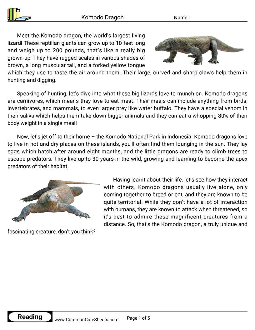 Reading Comprehension Reptiles - komodo-dragon worksheet