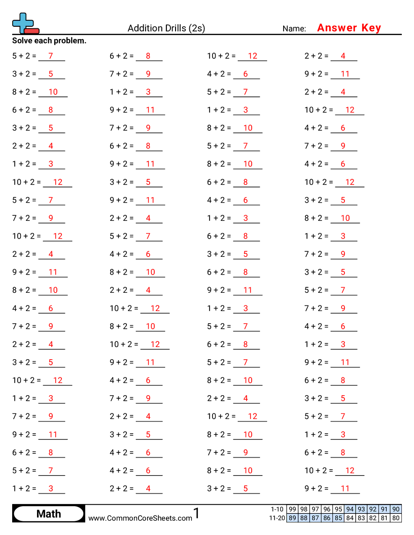 Addition Worksheets - 2s-horizontal worksheet