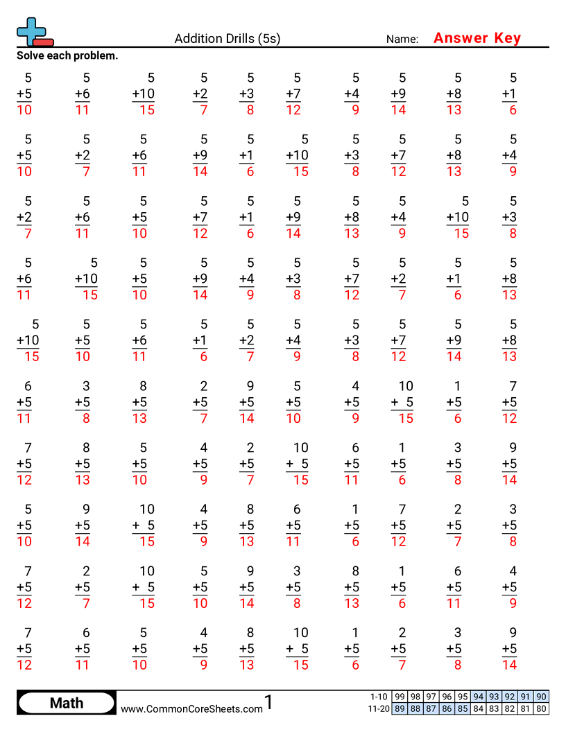 Addition Worksheets - 5s worksheet