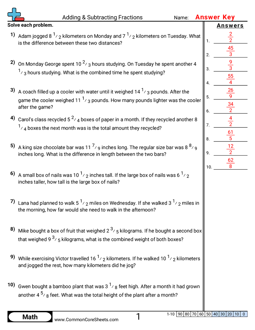 Fraction Worksheets - Word Problems Same Denominator worksheet