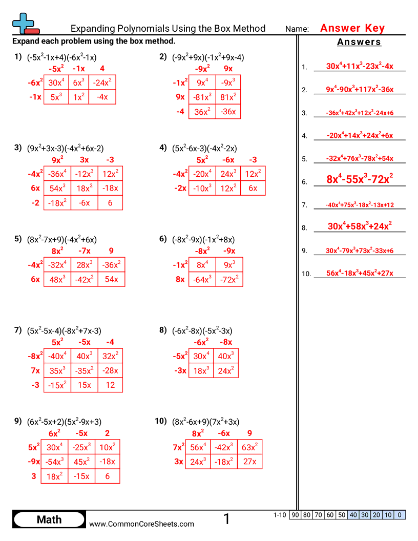 Algebra Worksheets - expanding-polynomials-using-the-box-method worksheet