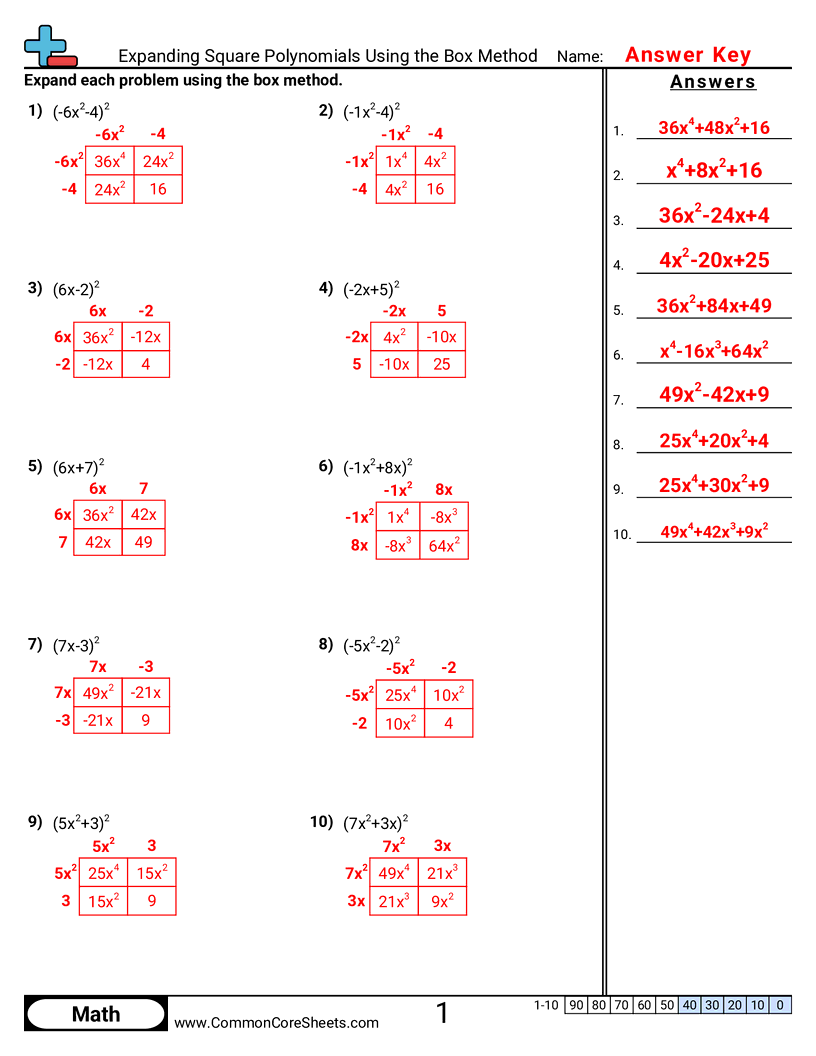 Algebra Worksheets - expanding-square-polynomials-using-the-box-method worksheet