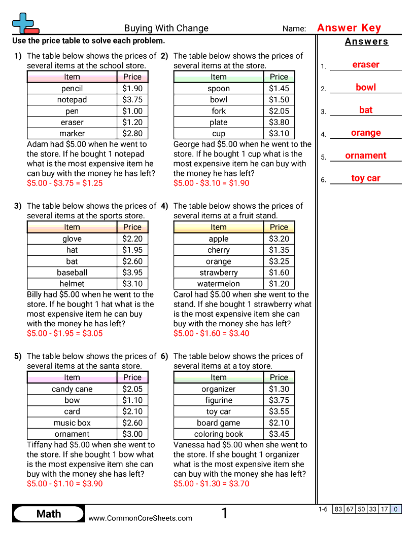 Money Worksheets - buying-with-change worksheet