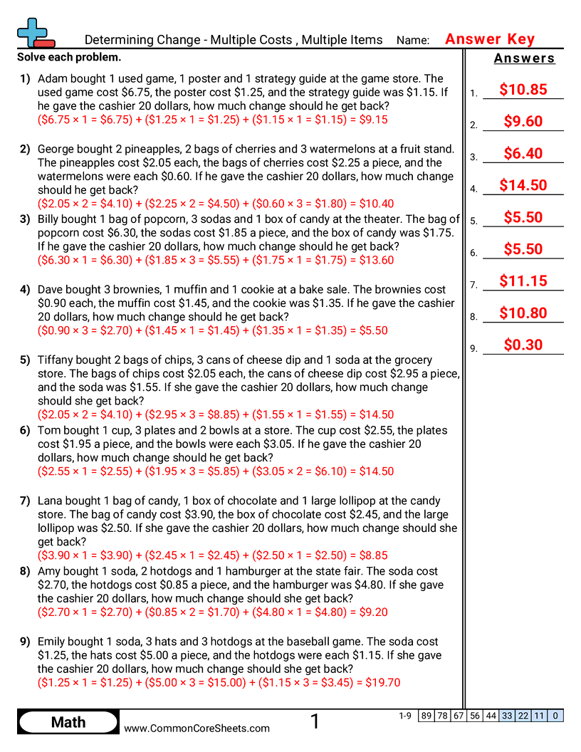 Money Worksheets - multiple-items-multiple-prices worksheet