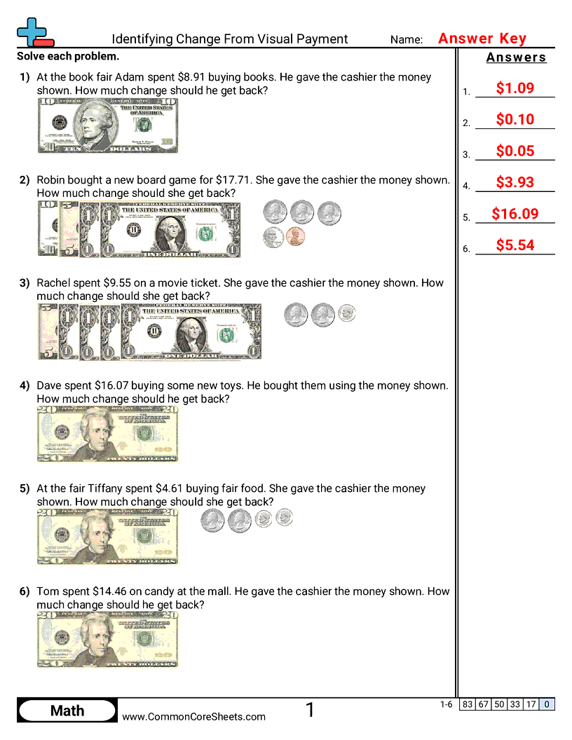 Money Worksheets - identifying-change-from-visual-payment worksheet