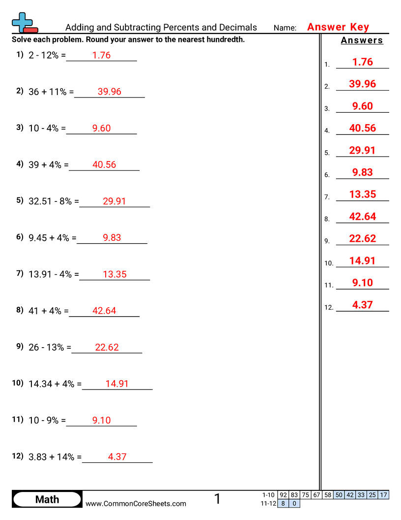 Percent Worksheets - adding-and-subtracting-percents-and-decimals worksheet