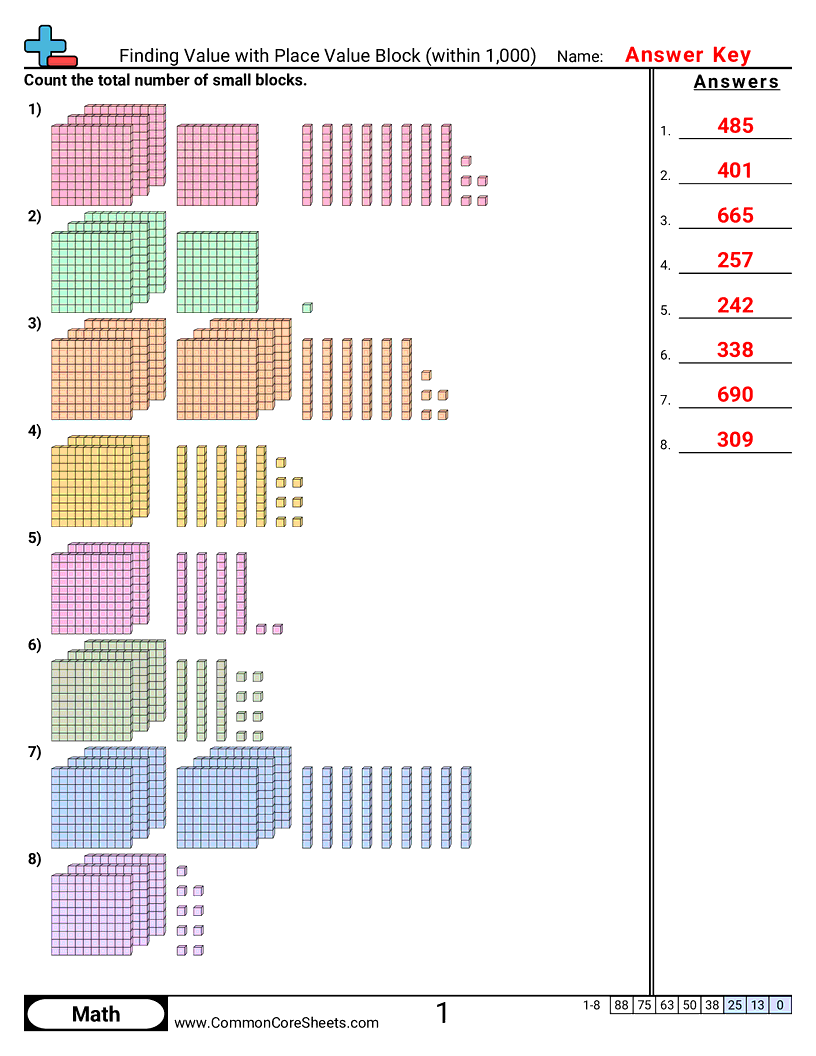 Value & Place Value Worksheets - Finding Value with Place Value Block (within 1,000) worksheet
